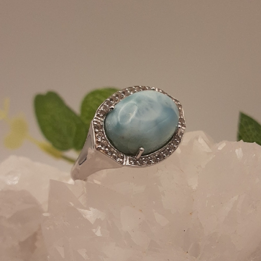 925 Genuine Larimar And White Topaz Ring. - Picture 1 of 7